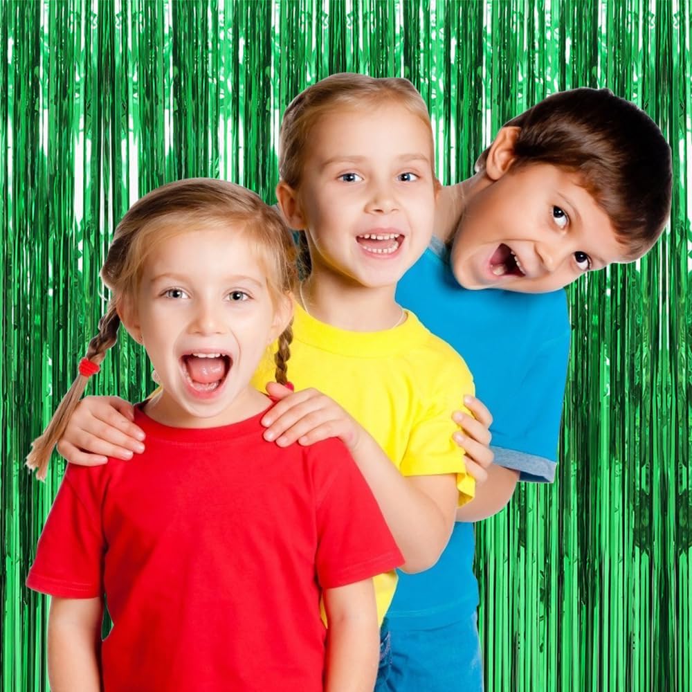 10 Pack Green Streamers Backdrop Jungle Party Decorations Foil Fringe Backdrop Curtains Photo Booth Backdrop for Birthday Dinosaur Animal St Patrick's Day Football Christmas Party Decorations