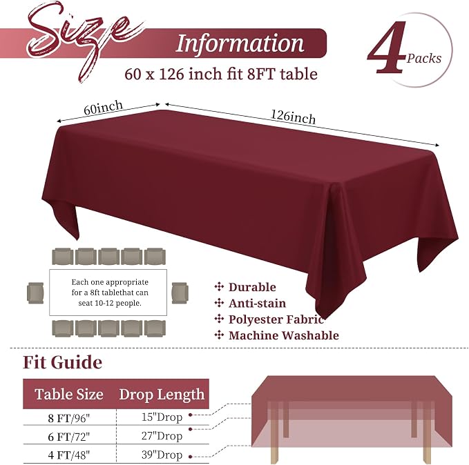 Showgeous 4 Pack Burgundy Rectangle Tablecloth 60 x 126 Inch, Wrinkle Resistant Washable Polyester Table Cloth Cover for Wedding Dining Table Buffet Parties