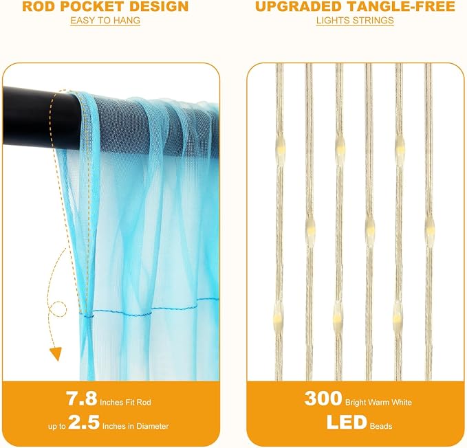 Tulle Curtain Backdrop with 300 LED Fairy Lights for Parites Wrinkle-Free Sheer Curtain Drapes Photo Back Drop for Wedding Baby Shower Bridal Shower Birthday Home Décor - 10ft×10ft, Baby Blue