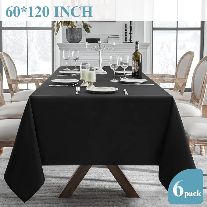VidaFete Tablecloth 60 * 120inch 6pack Rectangle Table Cloth Polyester, Stain Wrinkle Resistant Dining Table Cover for Kitchen Dinning Party Wedding Rectangular Tabletop Buffet Decoration(Black)