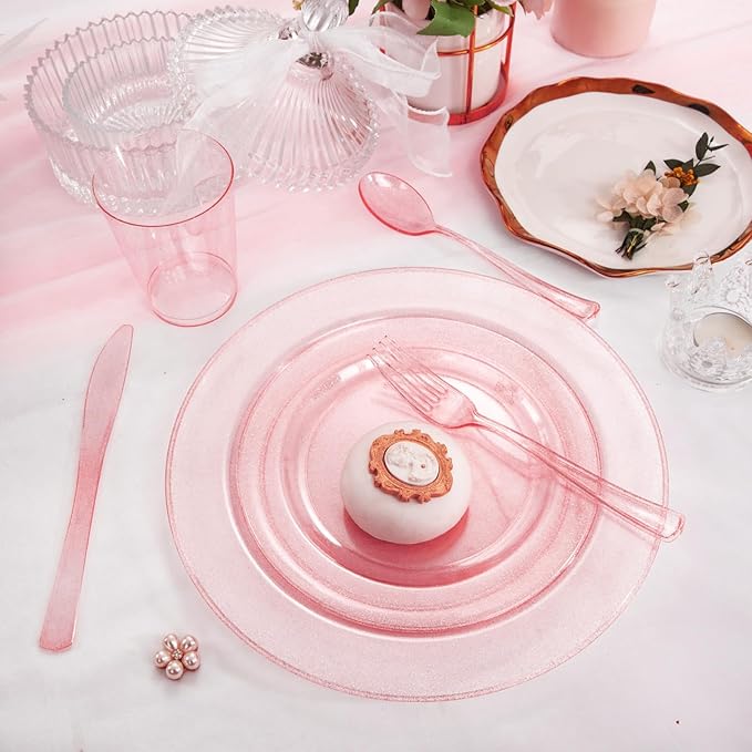 DaYammi 150PCS Pink Plastic Plates,Mother's Day Disposable Pink Dinnerware Set Clear pink Party plates with Silver Glitter Design Include 25 Dinner plates,25 Cake Plate,75 Cutlery,25 Cup for Party