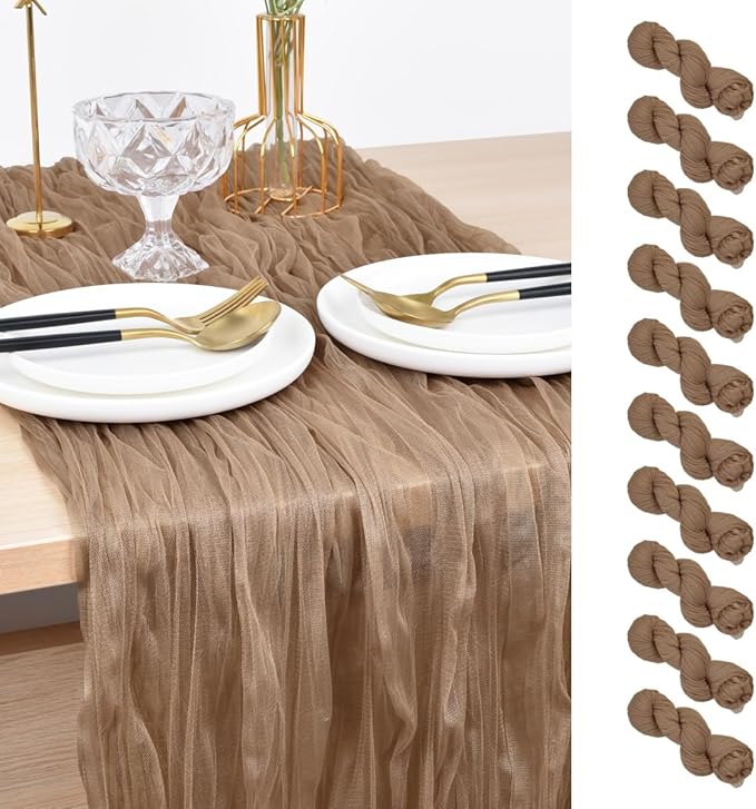 Joanlody Coffee Cheesecloth Table Runner Spring Summer 10Ft Rustic Gauze Boho Cheese Cloth Table Runner for Wedding Bridal Baby Shower Decoration 10 Pack