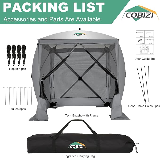 COBIZI 6x6 FT Pop up Gazebo, Popup Canopy Tent, Screened in Gazebos with sidewalls, Waterproof Portable Outdoor Small Screen Tents Sun Shelter,carpas para Patio for Camping, Garden and Backyard,Grey