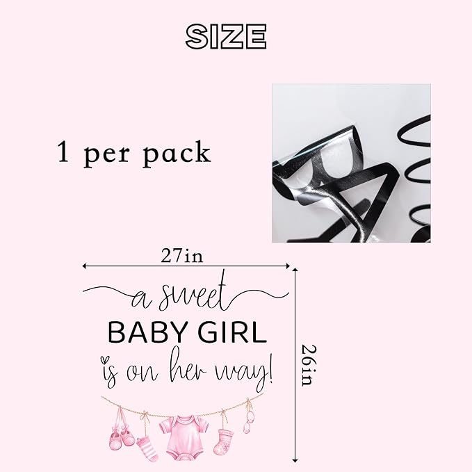 A Sweet Baby Girl is On Her Way Decal - Baby Girl Nursery Wall Decal, Pink Clothesline Design, Gender Reveal Party Decoration (Pink)