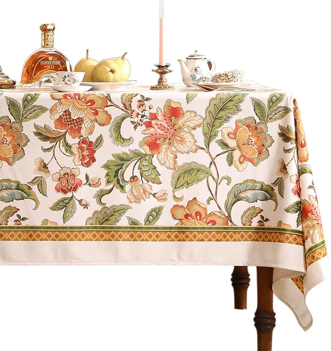 patdrea Vintage French Linen Tablecloth,Rectangular,87"x63"-Santiago A | Elegant Print Table Cloth for Rectangle Table,Colorful Floral Patterned,for Dining Room Tea Party Vender Banquet