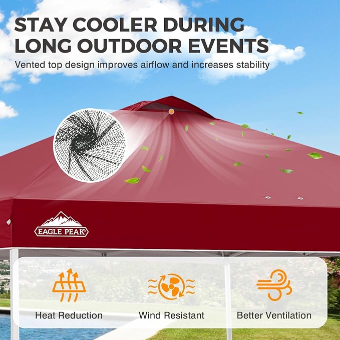 EAGLE PEAK Pop Up Canopy Tent with Wheeled Carry Bag, 8 Stakes, 4 Ropes, 4 Weight Bags, Easy Set Up Tent Canopy, 10x10 ft, 100sqft of Shade, Burgundy