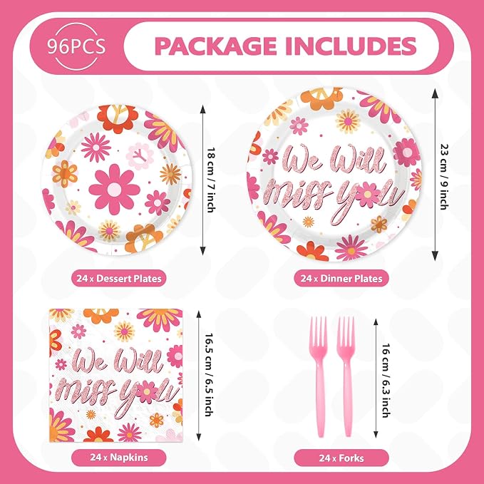 96Pcs Pink Daisy Farewell Party Supplies We Will Miss You Plates and Napkins Groovy Flowers Tableware Set for Boho Hippie Goodbye Office Retirement Going Away Party Decor, Serves 24
