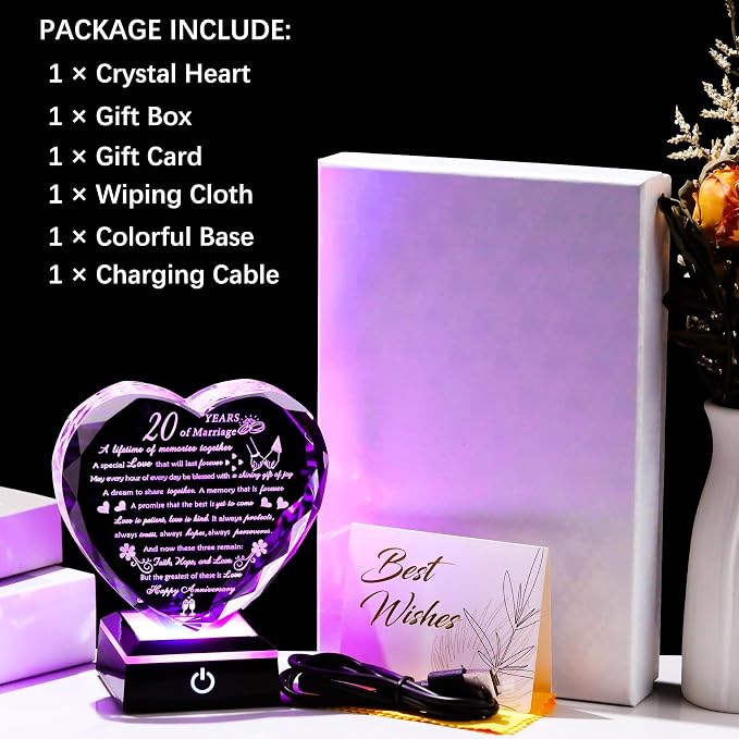 Arikyrist 20th Anniversary Crystal Heart Gifts for Wife Husband, Laser Engraved Romantic 20 Year Wedding Anniversary Keepsake Gifts Ideas for Her Him, 20 Years of Marriage Gift for Couples Friends