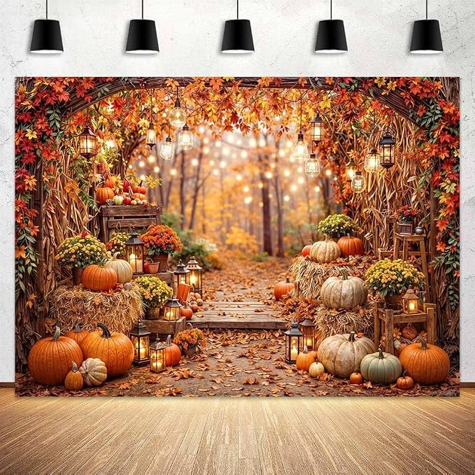 8 x 6 ft Fall Photo Backdrop Autumn Forest Scenery Pumpkins Harvest Maple Leaves Background Fall Sunflowers Thanksgiving Day Friendsgiving Party Decorations Banner Photo Booth Props Supplies