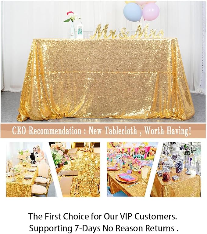 ShiDianYi Gold Sequin Tablecloth 90x156-Inch Rectangle Table Cloth for 8FT Tables Rectangular Golden Tablecloths for Parties Sequins Fabric Overlay Wedding Holiday Decor