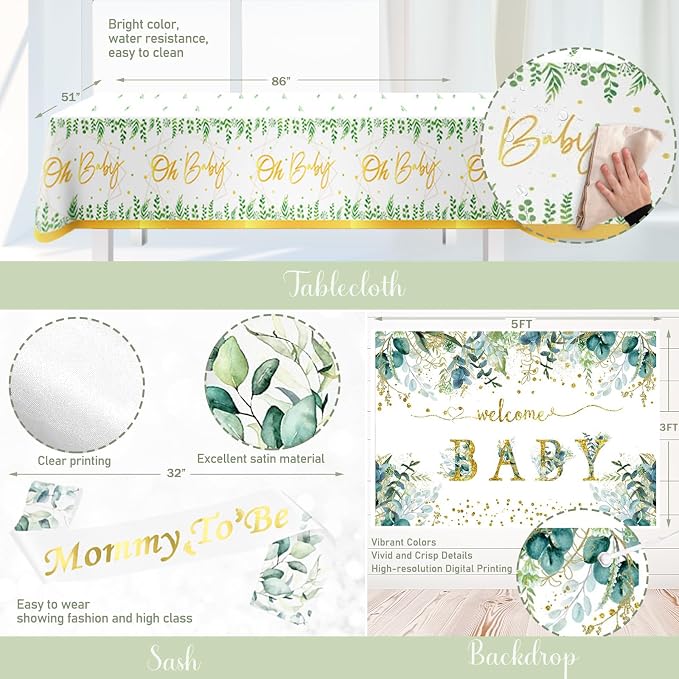 Hombae Sage Green Baby Shower Decorations, Gender Neutral Greenery Baby Shower Decorations, Welcome Baby Backdrop Green Gold Balloon Banner Tablecloth Cake Cupcake Topper Mommy to Be Sash Boxes