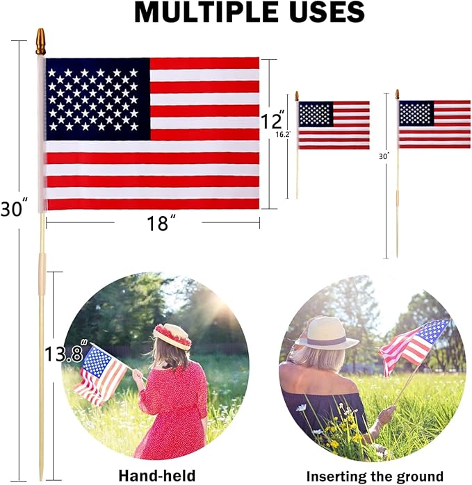 12 Pcs 12x18 Inch American Flags for Outside, 250th Anniversary USA Stick Flag with Handheld and Grounded Multi-Purpose Flagpole, Memorial Day, 4th of July Decorations, Patriotic Decorations