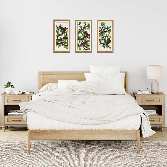 IARTTOP 3 Pcs Nature Silhouette Wall Art Set Green Leaf Botanical Wall Decor Bird on Branch Art Prints Rustic Farmhouse Wood-Look Art Decor for Living Room Bedroom Office 8x16 Inch