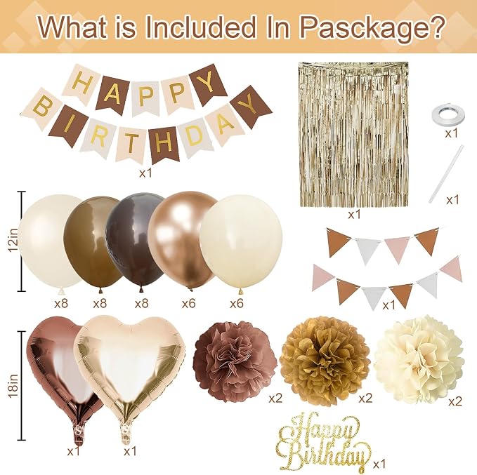 Brown Birthday Decorations, Tan Beige Cream Neutral Boho Balloons Happy Birthday Banner Fringe Curtain Heart Foil Balloons for Women Boys Girls Boho Baby Shower Bachelorette Party Decoration Supplies