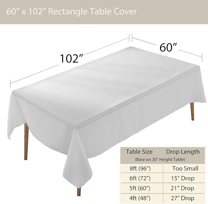 5 Pack Rectangle Tablecloth, 60 x 102 Inch White Tablecloth, 6ft Rectangle Table Cloth, Polyester Fabric Washable Tablecloth for Home, Party, Wedding or Restaurant Use.