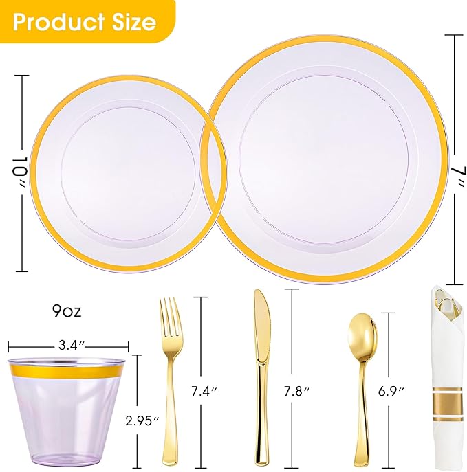 N9R 350PCS Purple Plastic Dinnerware Set for 50 Guests, Gold Disposable Plates for Party, Include: 100 Plastic Plates, 50 Pre Rolled Napkins with Silverware and 50 Cups