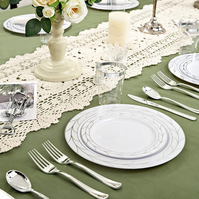 COLOSUS 100pcs Disposable Silver Plastic party plates, Heavy Duty Silver White Plastic Plates set 50 Dinner Plate, 50 Salad Plate for Wedding, Birthday, Party dinner