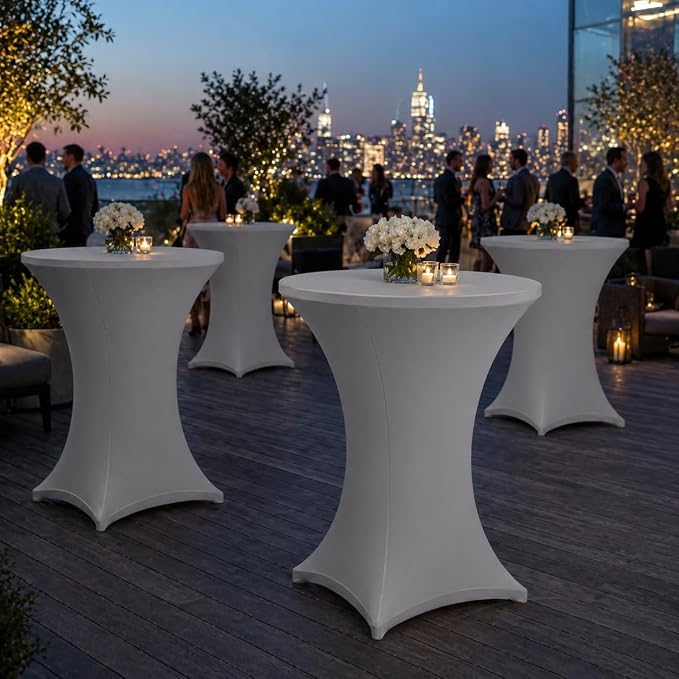 Cocktail Table Covers - 6 Pack 32x43 Inch Table Cloth - Light Grey Fitted Stretch Spandex Round High Top Tablecloth for Party, Bar, Birthday, Pub, Banquet