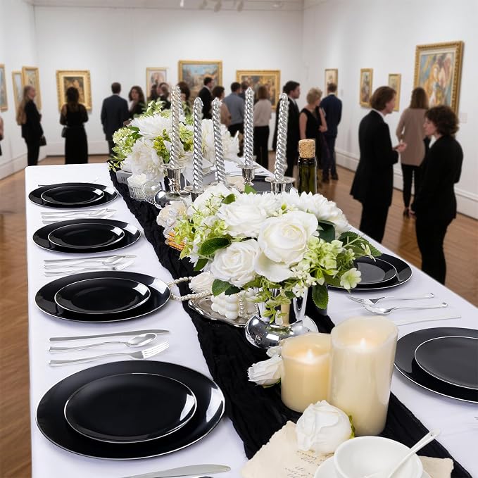 bUCLA 100PCS Black Plastic Plates - Heavy Duty Black Disposable with Silver Rim Include 50 Each (10 inch Dinner & 7 inch Dessert) Plates, Ideal for Party & Graduation