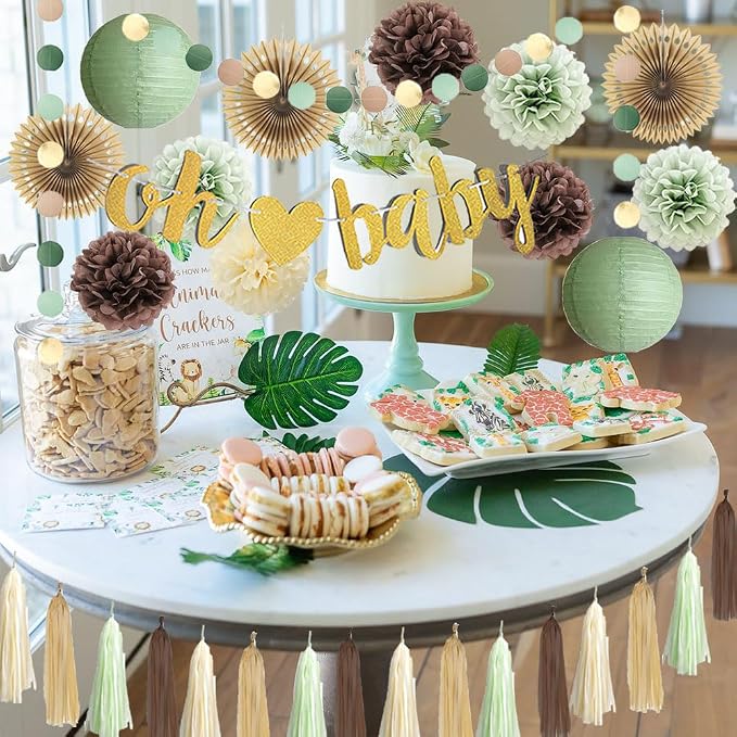 Woodland Baby Shower Decorations Sage Green and Brown Forest Theme Safari Jungle Baby Shower Decorations Gender Reval Party Decor with Beige Sage Green Brown Tassel Garlands