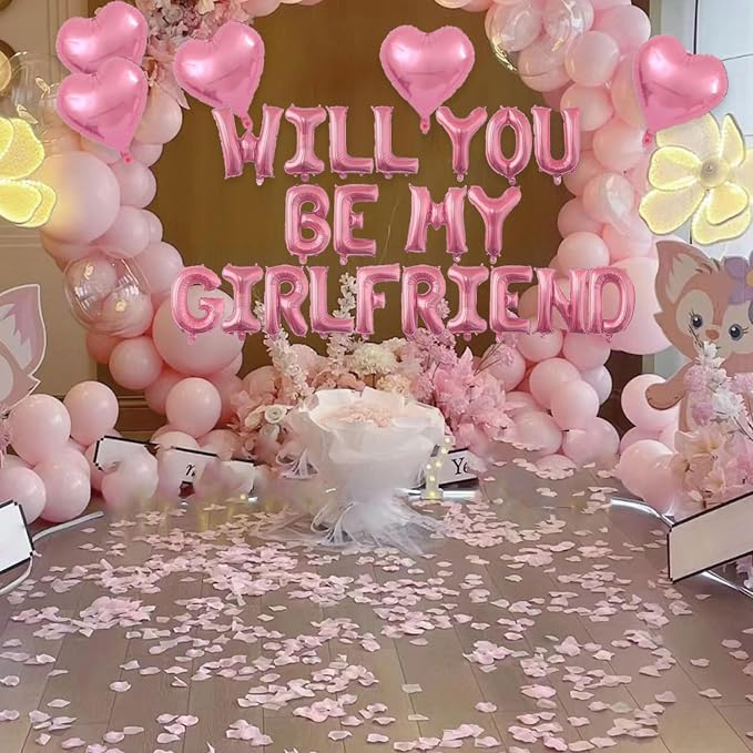 2 Set Pink Will You Be My Girlfriend Balloons - 42pcs 16" Letter Balloons 1200pcs Pink Artificial Rose Petals 10pcs 18" Heart Balloon Alphabet Foil Mylar Balloon for Valentines Day Decorations