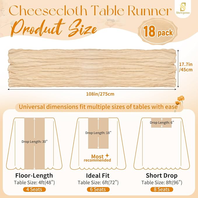 18 Pack Nude Cheesecloth Table Runner 17 x 108 inch Boho Gauze Table Runner Rustic Sheer Cheese Cloth Table Decorations for Wedding Party Baby Bridal Shower Birthday Holiday Home