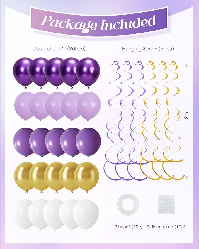 Purple and Gold Party Decoration Set –56 Pcs Include Paper Pom Poms,Tassels,Bunting,Garland,Hanging Swirls,Latex Balloons – Complete Party Decor for Birthday, Graduation,Baby Shower, and Celebrations