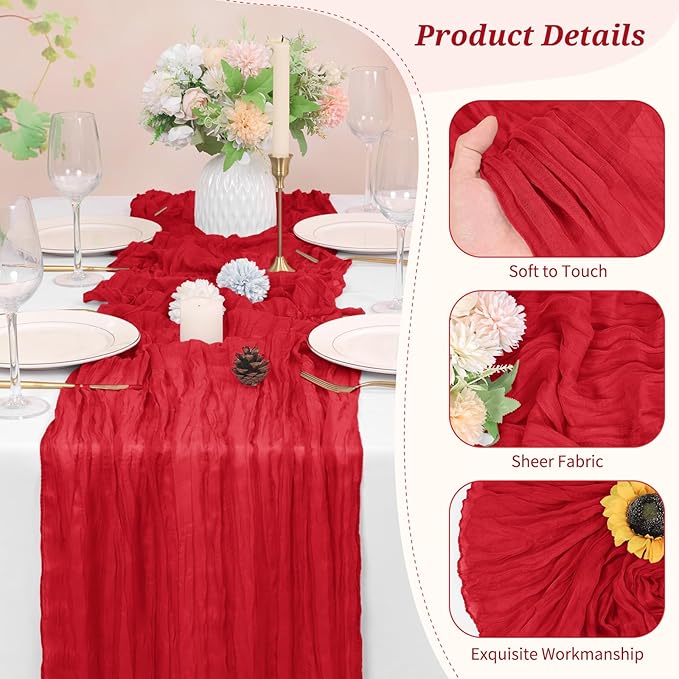20 Pack Cheesecloth Table Runner Red, Rustic Boho Gauze Fabric Table Runner Romantic Table Runner for Wedding, Festival, Birthday, Anniversary, Dinner and Outdoor Events (17.7 x 108 inch)