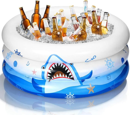 Fourluoo Shark Style Party Decorations Summer Shark Inflatable Cooler Blow up Drink Cooler Reusable Large PVC Floating Ice Chest Blue Fish Pool Drink Holder for Holiday Birthday Party Decorations