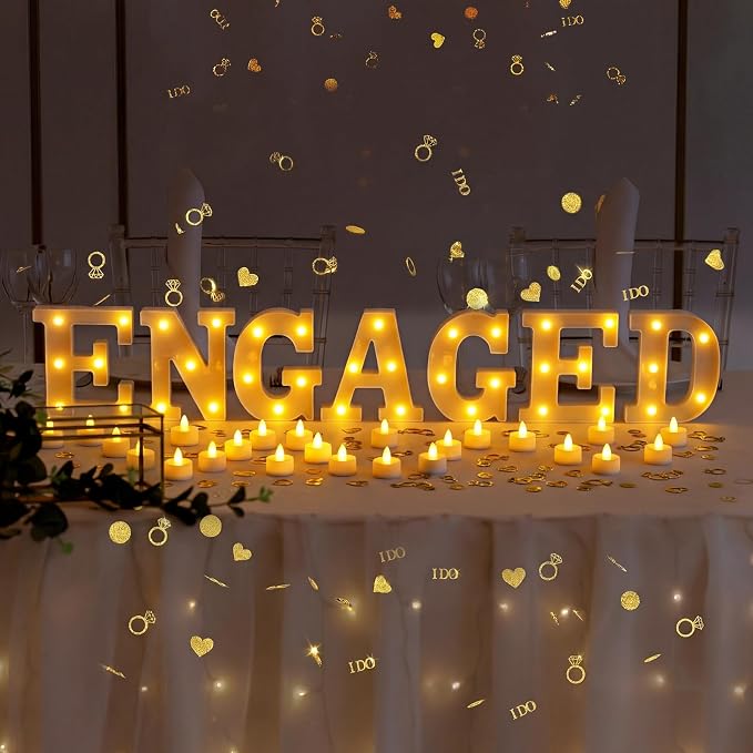 Engagement Party Decorations 7 Pcs 6.3" Engaged LED Light up Letter Sign 24 Realistic Flameless Tealights Gold I Do Confetti Proposal Table Decor for Engagement Wedding Bridal Shower Party