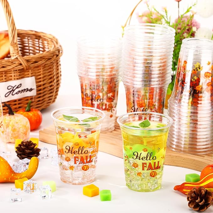 100 Pcs Thanksgiving Fall Plastic Cups 16 oz Disposable Clear Fall Cups Bulk Cute Pumpkin Plastic Glasses for Thanksgiving Party Supplies, Autumn Holiday, Harvest Gatherings, Cold Drinks