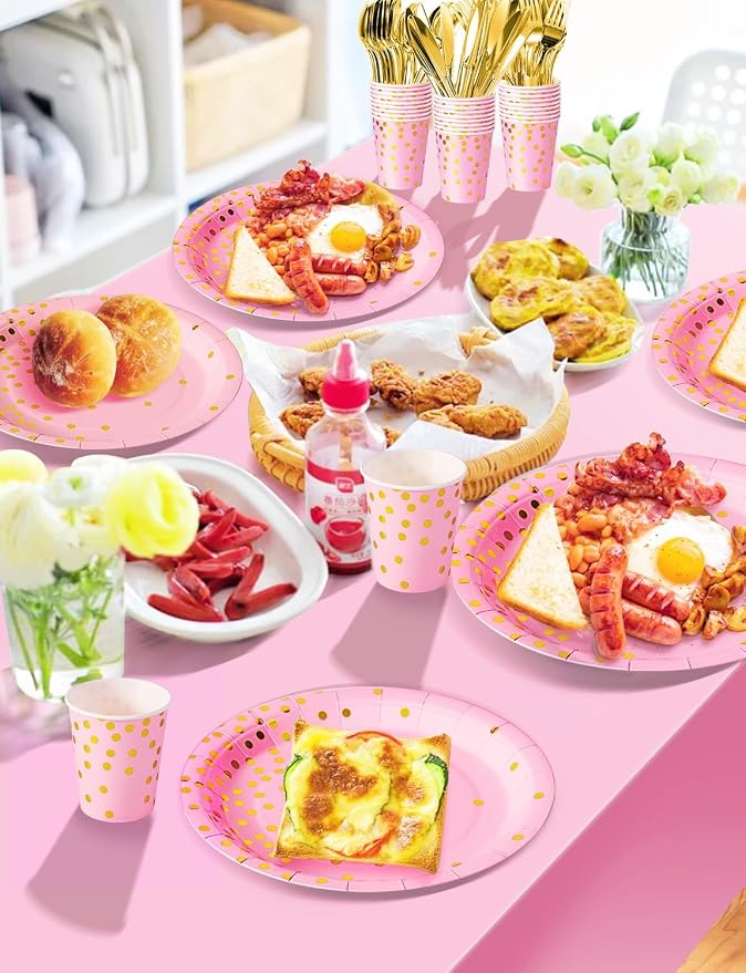 Nkaiso 141 Pieces Pink and Gold Party Supplies, Disposable Party Decorations Sets Include Paper Plates Napkins Cups, Plastic Forks Knives Spoons, for Baby Shower Birthday Wedding -20 Guests