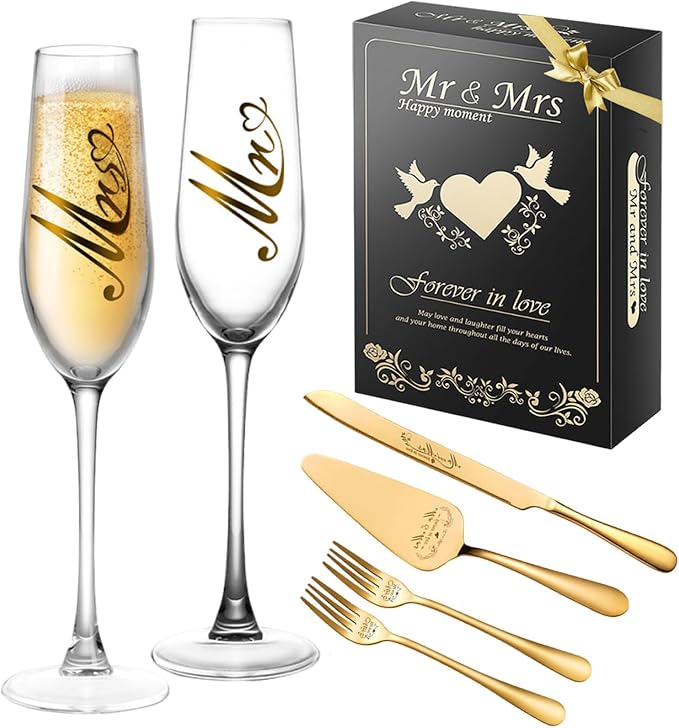 Mr and Mrs Champagne Flutes, Bride and Groom Champagne Glasses, Wedding Cake Knife and Server Set, Cake Cutting Set for Wedding, Bridal Shower Gifts, Engagement Gifts for Couples (Gold, Set of 6)