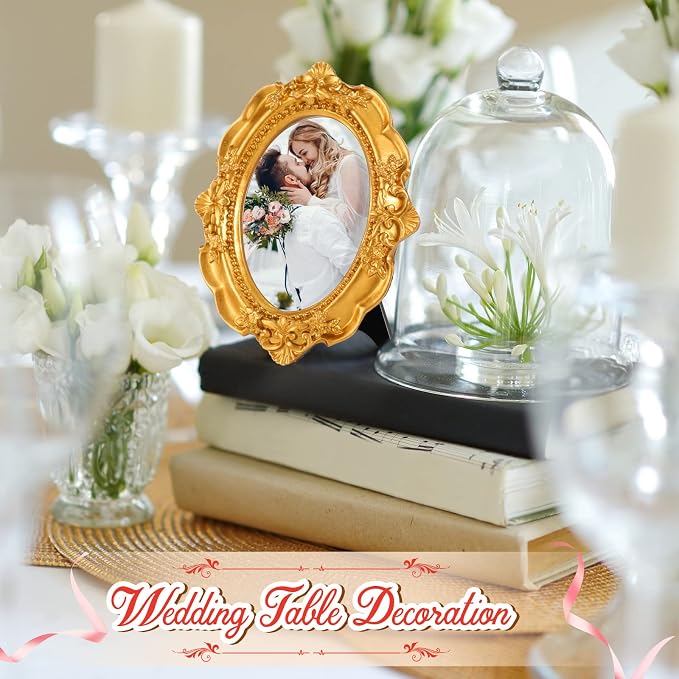 Maitys 15 Pcs Mini Picture Vintage Frames with Stands Tiny Antique Photo Baroque Ornate Resin Oval Frame Table Top Display Home Wedding Decor (Gold)