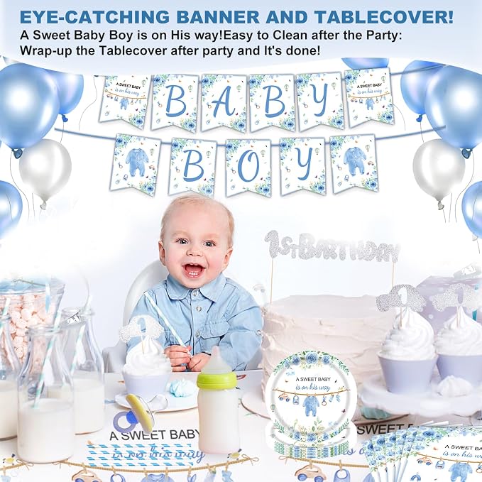162 Pcs Baby Shower Decorations for Boy Serve 25 Guest - Blue Theme All-in-One Party Supplies Kit with Plates, Cups, Napkins, Forks, Straws, Banner, Tablecloth for Baby Shower Decor