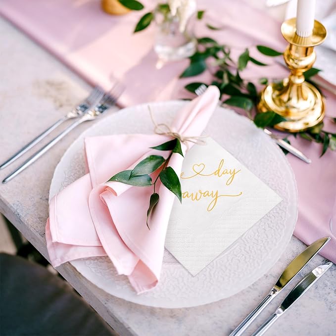 Crtiin 200 Pcs One Day Away Rehearsal Dinner Cocktail Napkins One Day Away Party Supplies Disposable Paper Napkins in Bulk for Wedding Rehearsal Dinner Beverage Table Decorations, 4.5 x 4.5 Inch Gold