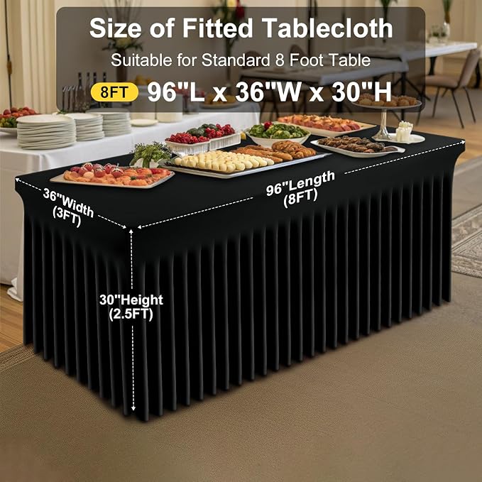 Smiry Spandex Tablecloth, Elastic Fitted Stretch Tablecloth for 8FT Rectangle Tables, Waterproof Washable Table Cover Skirt for Outdoor, Wedding, Banquet & Parties (Black, 96Lx36Wx30H Inch)