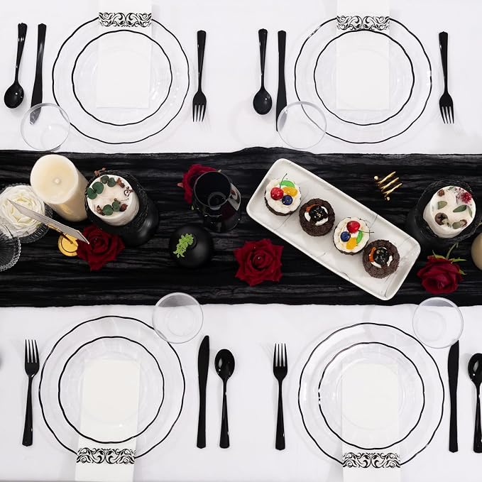 LIYH 350 Pcs Clear and Black Plastic Dinnerware Set for 50 Guests | Includes Plates, Cups, Napkins, and Disposable Cutlery - Elegant Clear & Black Design, Perfect for Parties,Halloween