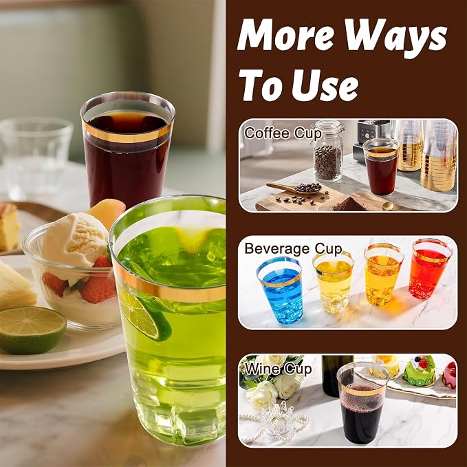 I00000 50 Pack 24 oz Gold Plastic Cups, Elegant Gold Rimmed Plastic Cups, Disposable Cocktail Glasses Wine Glasses, 24 oz Premium Tumblers Perfect for Birthday, Party & Wedding