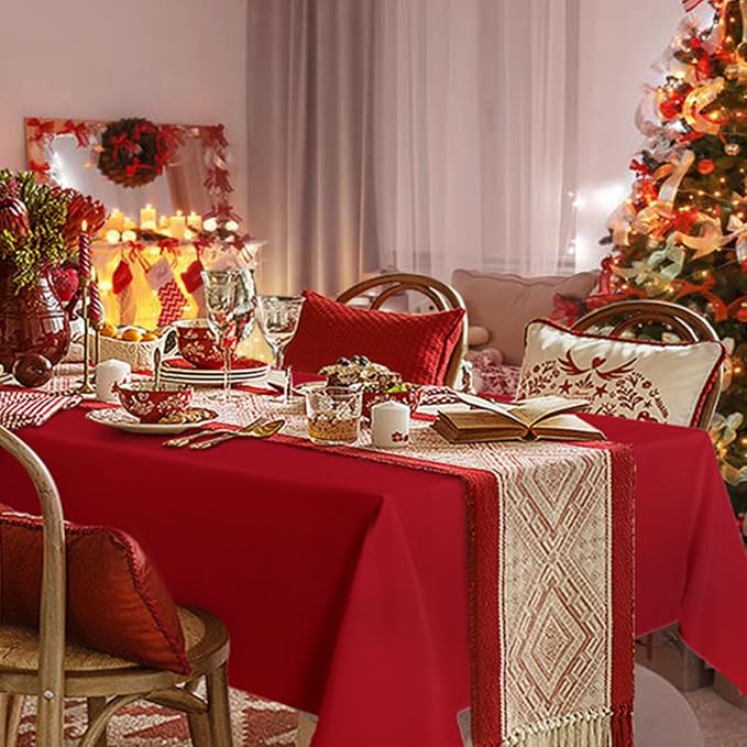 sancua Rectangle Tablecloth - 60 x 84 Inch - Stain and Wrinkle Resistant Washable Polyester Table Cloth, Decorative Fabric Table Cover for Dining Tables, Buffet Parties, Valentine's Day, Red