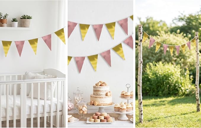130FT Matte Rosegold LightGold Triangle Pennant Banner Flag Metallic Fabric Bunting Garland for Christmas Graduation Wedding Anniversary Bachelorette Birthday Bridal Shower Valentines Party Supplies