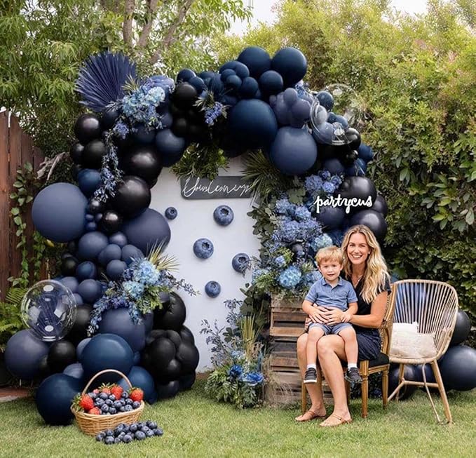 Navy Blue Black Balloon Arch Kit Double Stuffed, Dark Lavender-Blue Matte Black Balloon Garland with Clear Bobo Latex for Birthday Baby Shower Men Graduation Wedding New Year Party Decoration
