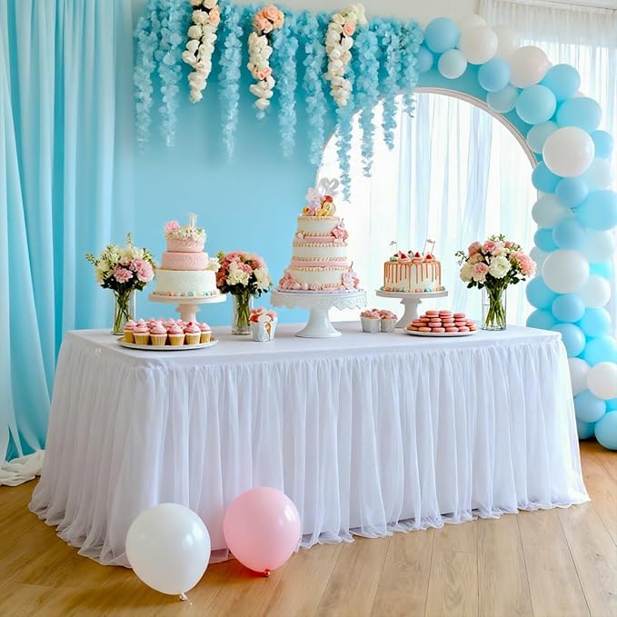 2-Pack White 2-in-1 Tulle Tablecloth for 4-Foot Rectangular Table – Stretch Fitted Table Skirt & Cover for Baby Shower, Bridal, Birthday, Princess Party
