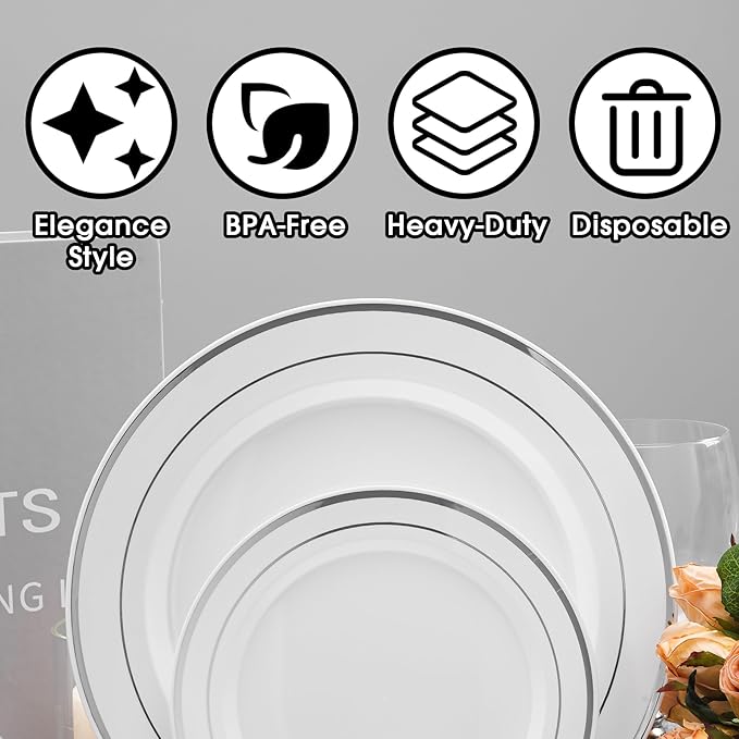 175 PCS White and Silver Plastic Dinnerware Set for 25 Guests, Disposable Party Plates for 25 Guests, Include: 50 Plastic Plates, 25 Pre Rolled Napkins with Silver Silverware, 25 Cups