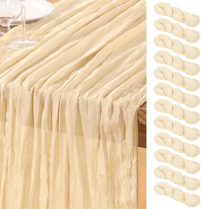 DeZerlor Beige Cheesecloth Table Runner 12 Pack Spring Easter Table Runners 120 Inches Boho Gauze Cream Cheese Cloth Table Decor for Wedding Bridal Baby Shower Parties