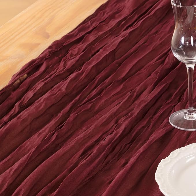DeZerlor Burgundy Red Cheesecloth Table Runner 4 Pack Spring Easter Table Runners Boho Gauze 120 Inches Cheese Cloth Table Decor for Wedding Bridal Baby Shower Parties