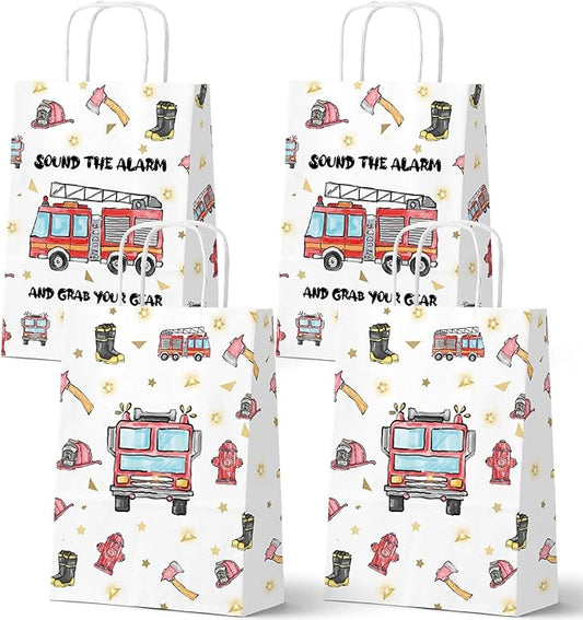 HaPiBiDesign Fire Truck Party Favor Bags, 24 Pack Fire Truck Goodie Bags with Handles, Firefighter Gift Bags, Fire Truck Treat Bags for Kids Birthday Party, Firefighter Party Supplies