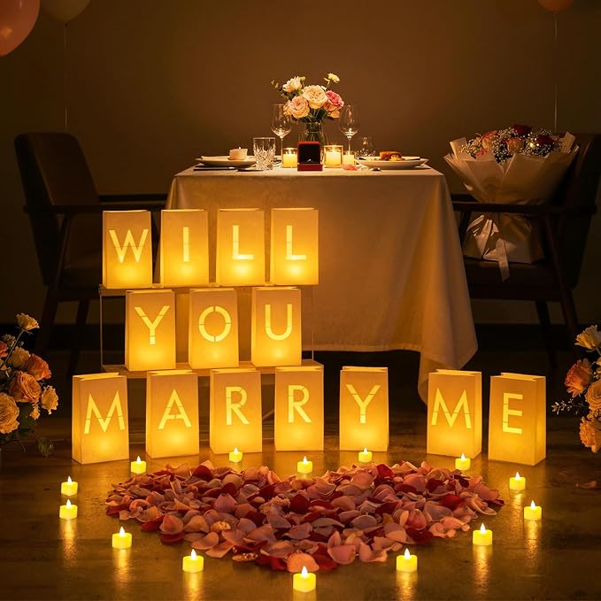 Will You Marry Me Light Up Letters Luminary Bags, Marry Me Sign Banner, Romantic Proposal Decoration Kit with 30PC Bright LED Candles and 2000PC Fake Rose Petals