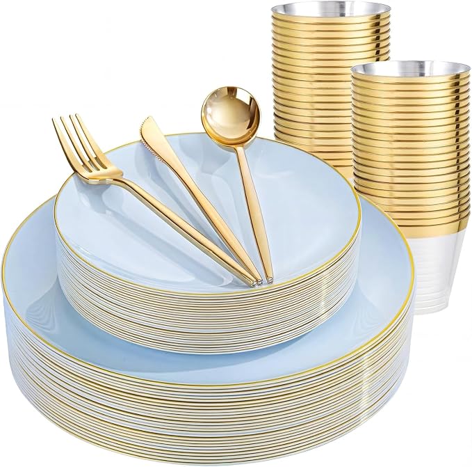 bUCLA 150PCS Blue Plastic Plates - Light Blue and Gold Disposable Include 25 Each (Dinner & Dessert) Plates, 25 Knives, 25 Forks, 25 Spoons and 25 Cups, Ideal for Party, Birthday & Wedding