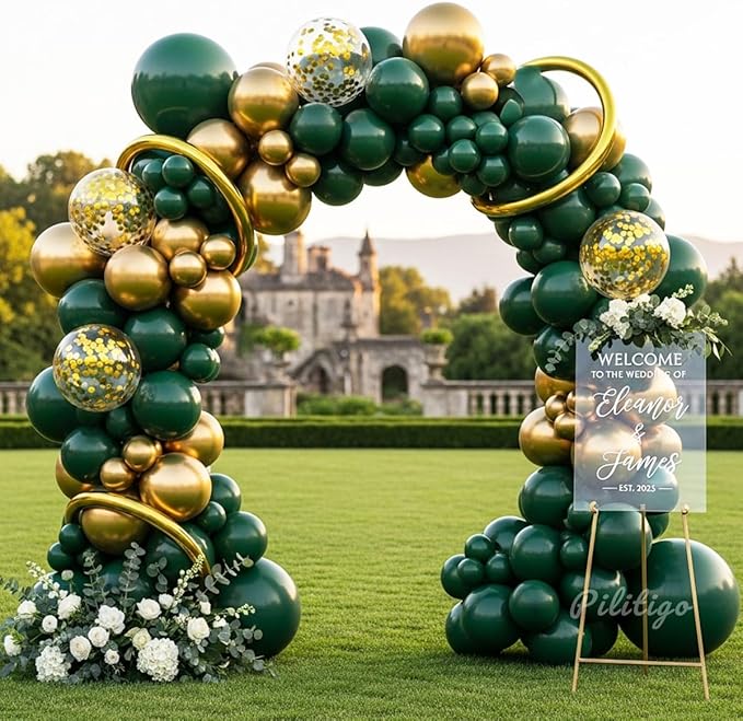 Double Stuffed Dark Green and Gold Balloon Garland Arch Kit - Emerald Green Metallic Gold Confetti Balloons for Graduation Decorations 2026, Jungle Safari Birthday, Wedding, Baby Shower Party Supplies